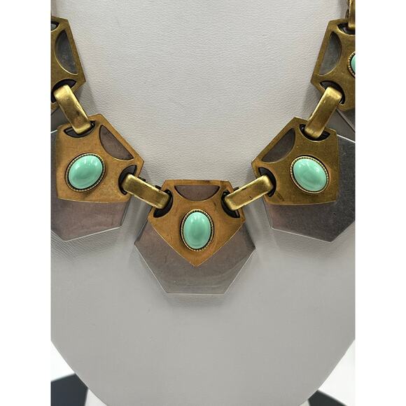 J. Crew Vintage Goldtone Silver Geometric Turquoise Cabochon Egyptian Necklace - Picture 2 of 9